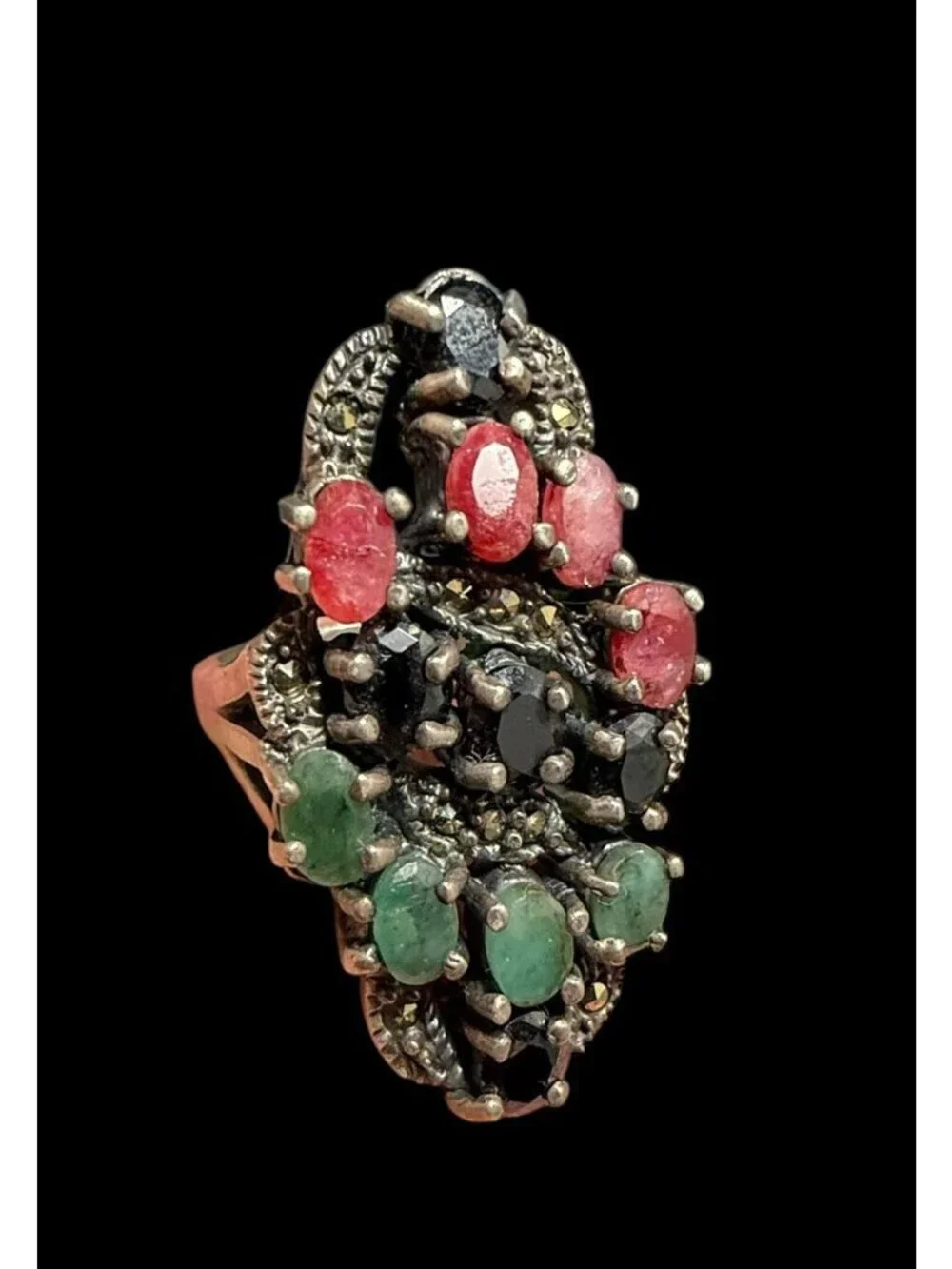 Vintage 925 Art Deco Marcasite Ring Multi Gemstone Ruby Emerald Sapphire